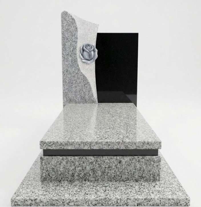 G603 Granite Monument with Black Accents & Rose Engraved Upright Headstone