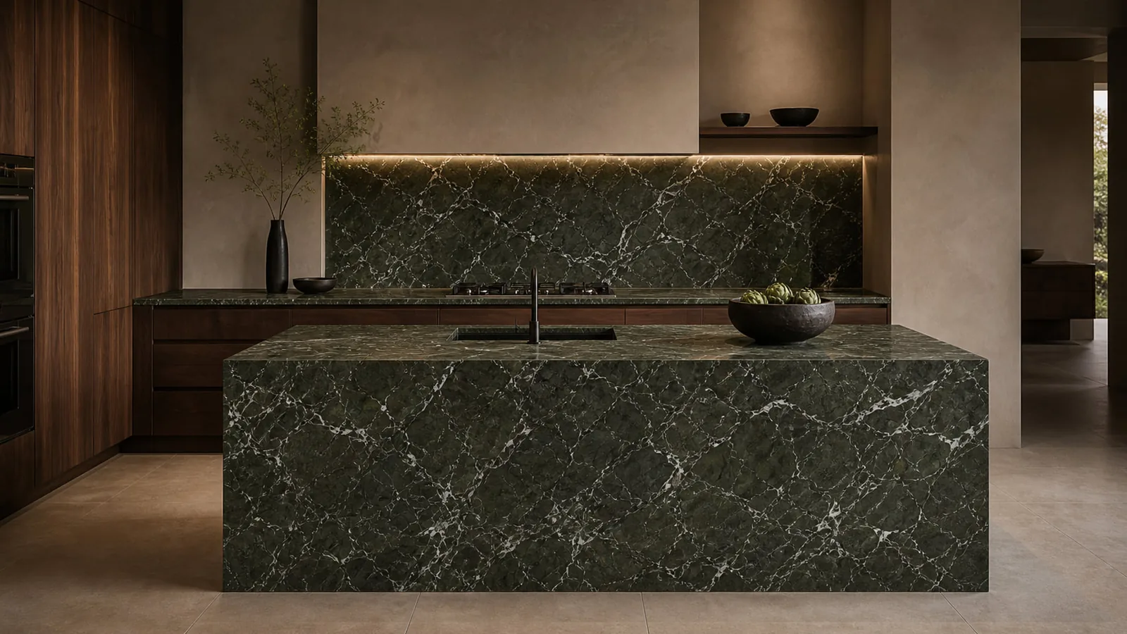 Dark Forest Green Levante Marble Sintered Stone Slab for Kitchen Island thumbnail 4