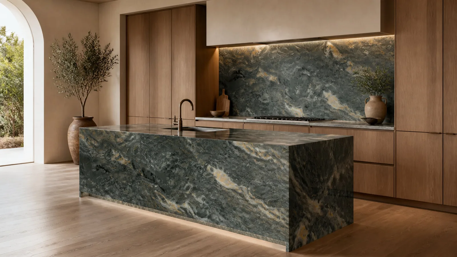 Smoky Green Begonia Marble Sintered Stone Slab for Interior Feature Wall thumbnail 5