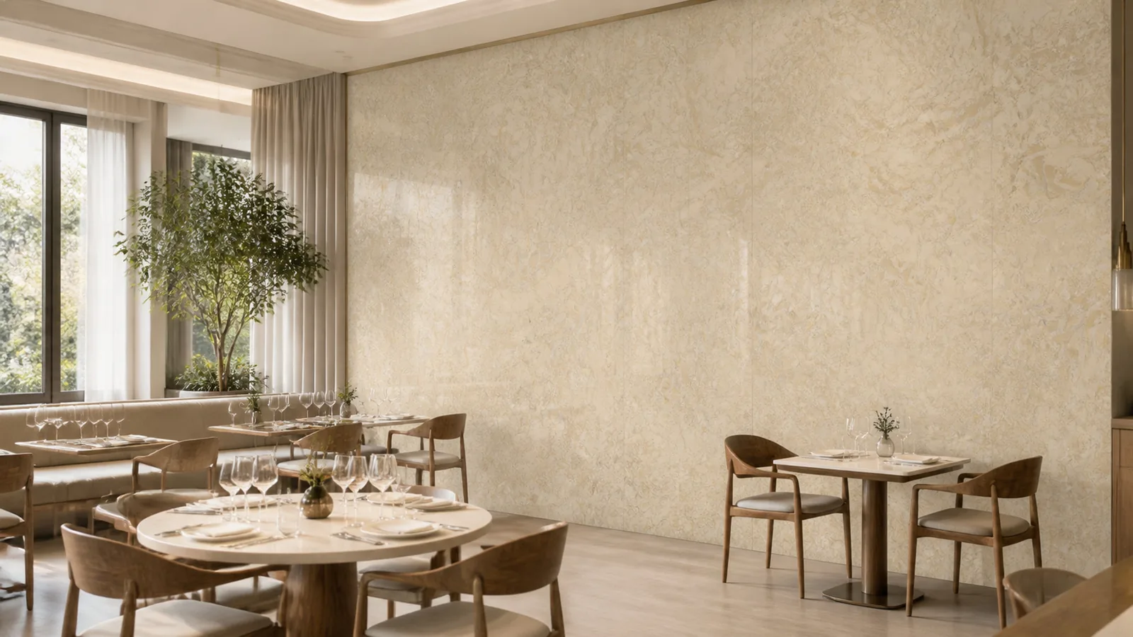 BeigeHoney Beige Flowing Wave Vein Recycled Marble Sintered Stone Slabs for Restaurant Feature Walls thumbnail 3