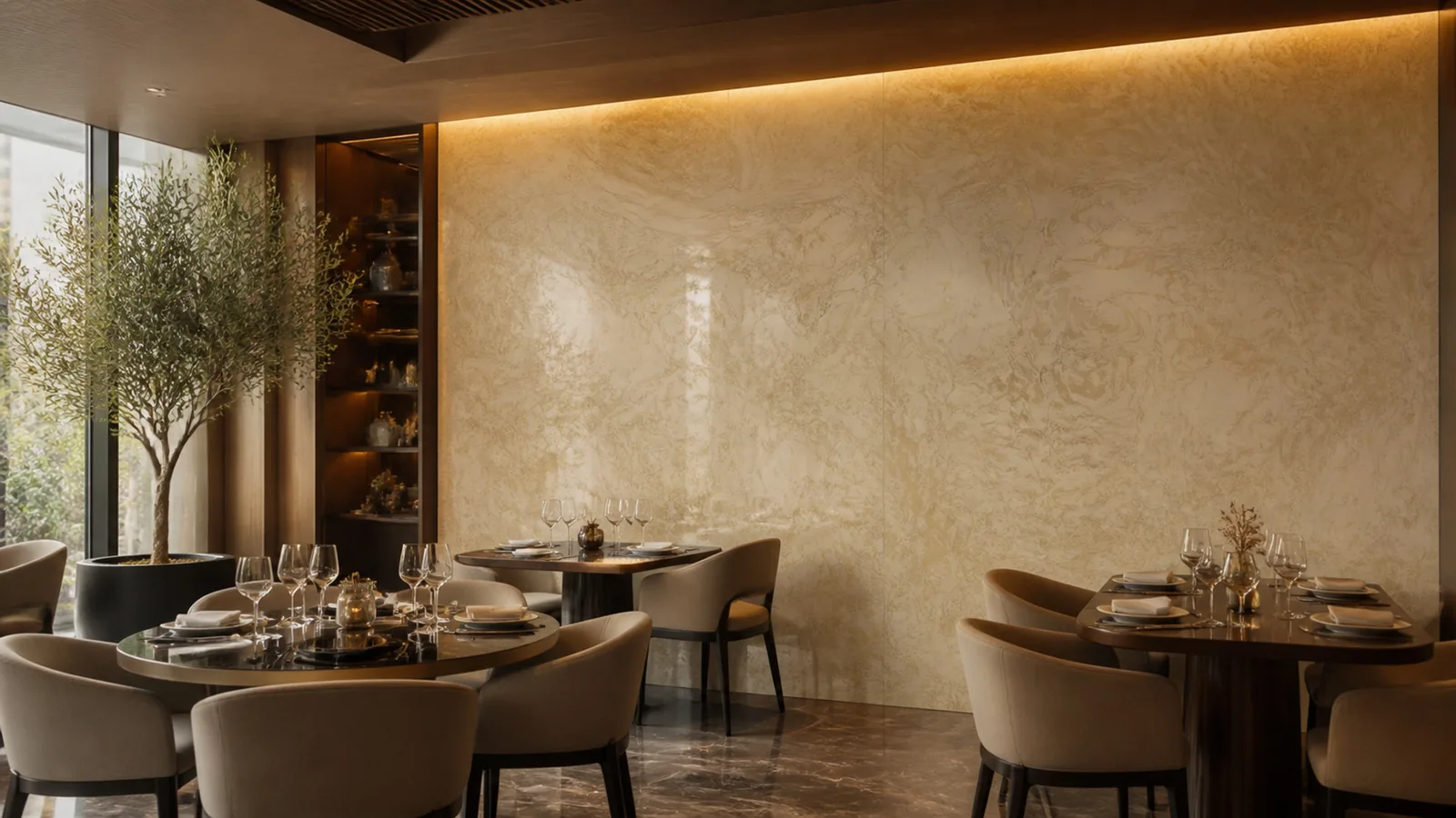 BeigeHoney Beige Flowing Wave Vein Recycled Marble Sintered Stone Slabs for Restaurant Feature Walls thumbnail 4