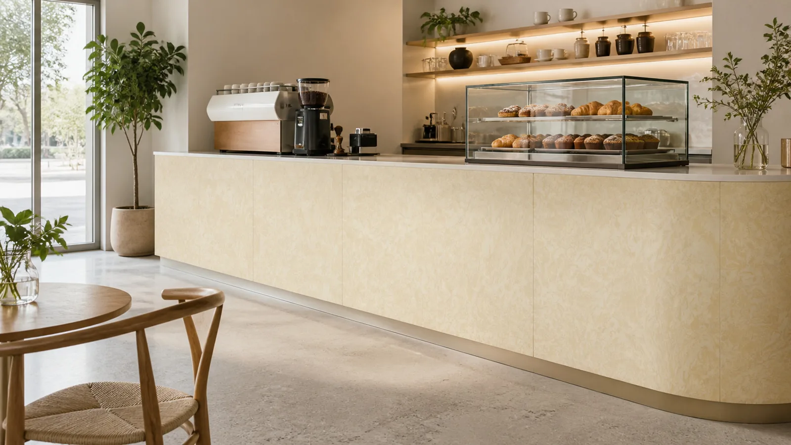 Ivory Butter Cream Rich Swirl Vein Recycled Marble Sintered Stone Slabs for Cafe Counter Fronts thumbnail 3