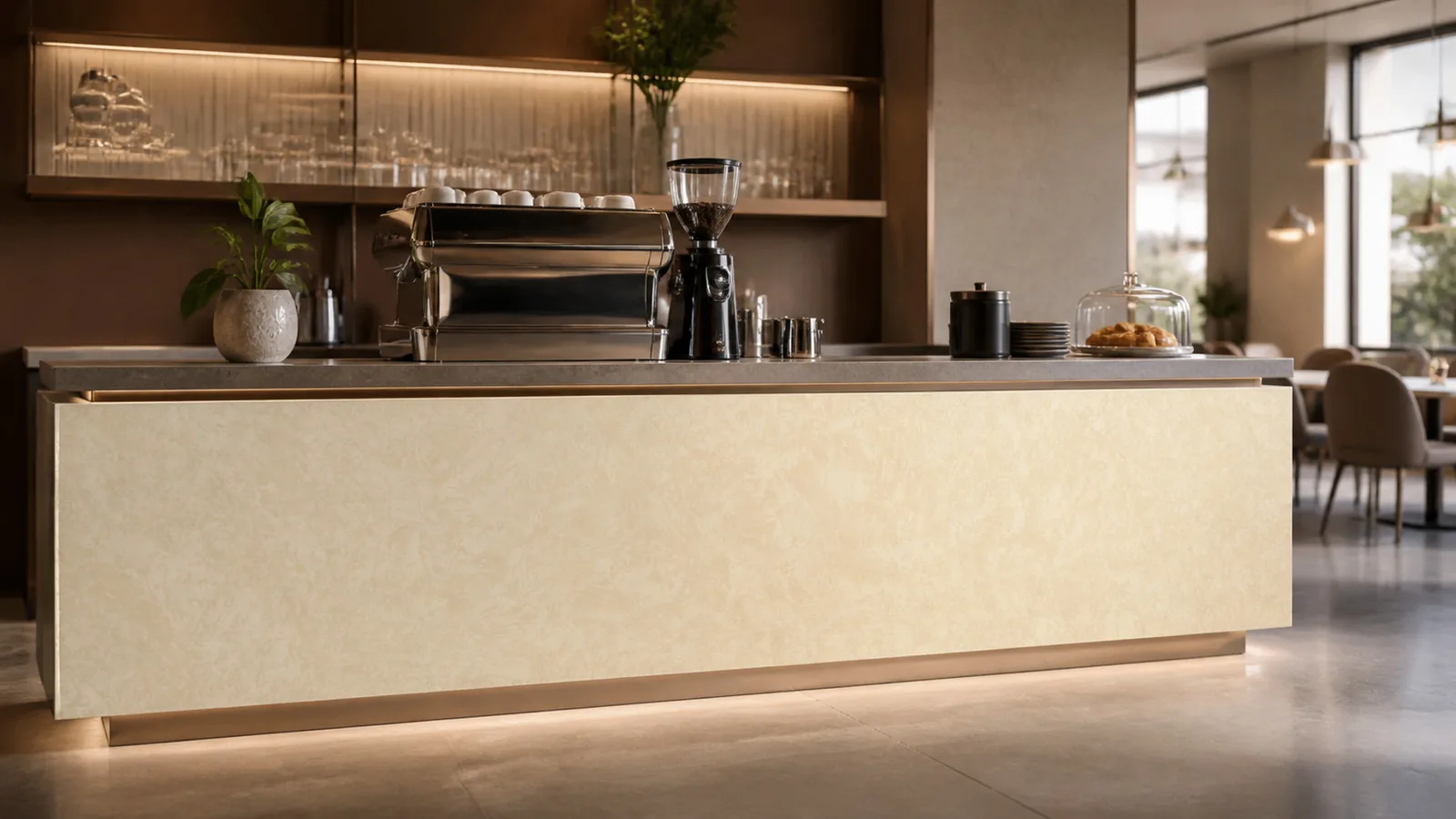 Ivory Butter Cream Rich Swirl Vein Recycled Marble Sintered Stone Slabs for Cafe Counter Fronts thumbnail 4