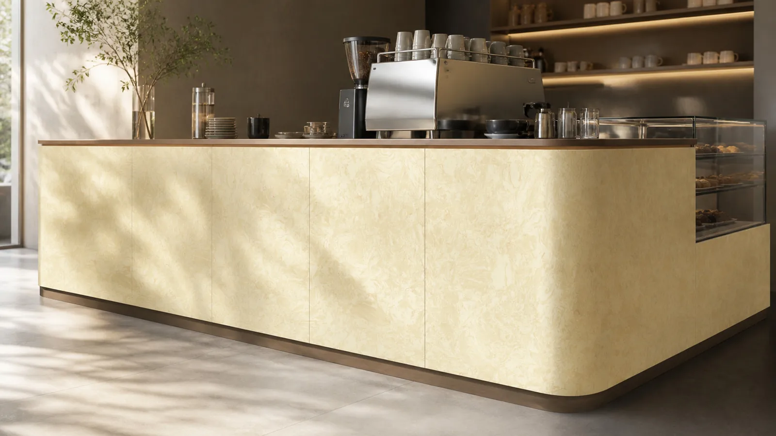 Ivory Butter Cream Rich Swirl Vein Recycled Marble Sintered Stone Slabs for Cafe Counter Fronts thumbnail 5