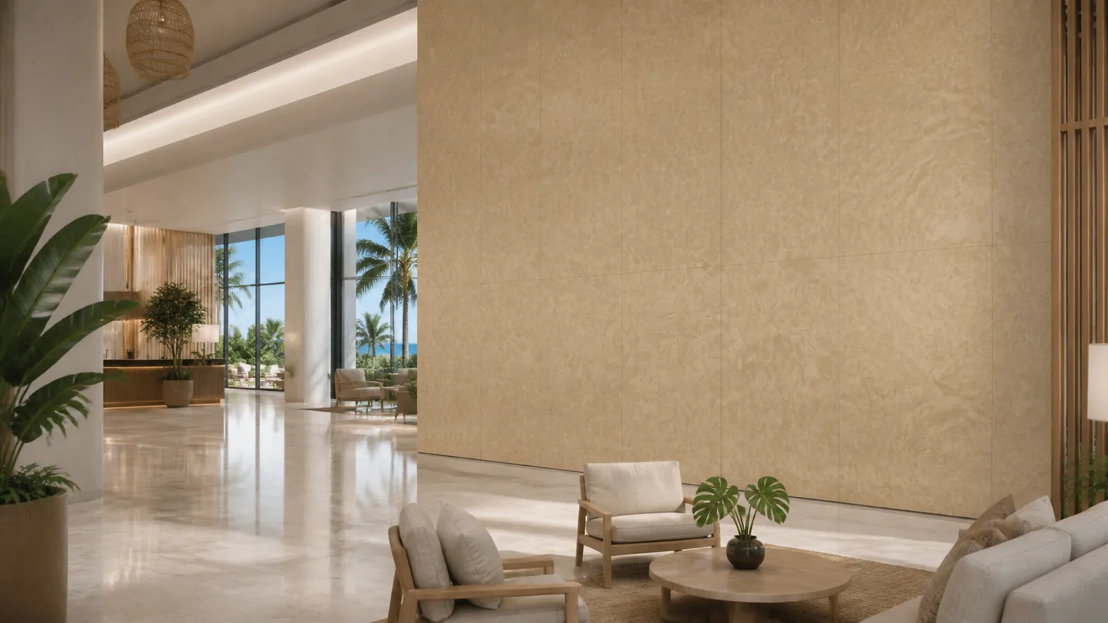 Beige Caramel Beige Layered Swirl Vein Recycled Marble Sintered Stone Slabs for Resort Lobby Walls thumbnail 3