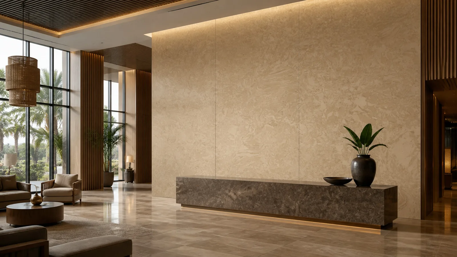 Beige Caramel Beige Layered Swirl Vein Recycled Marble Sintered Stone Slabs for Resort Lobby Walls thumbnail 4