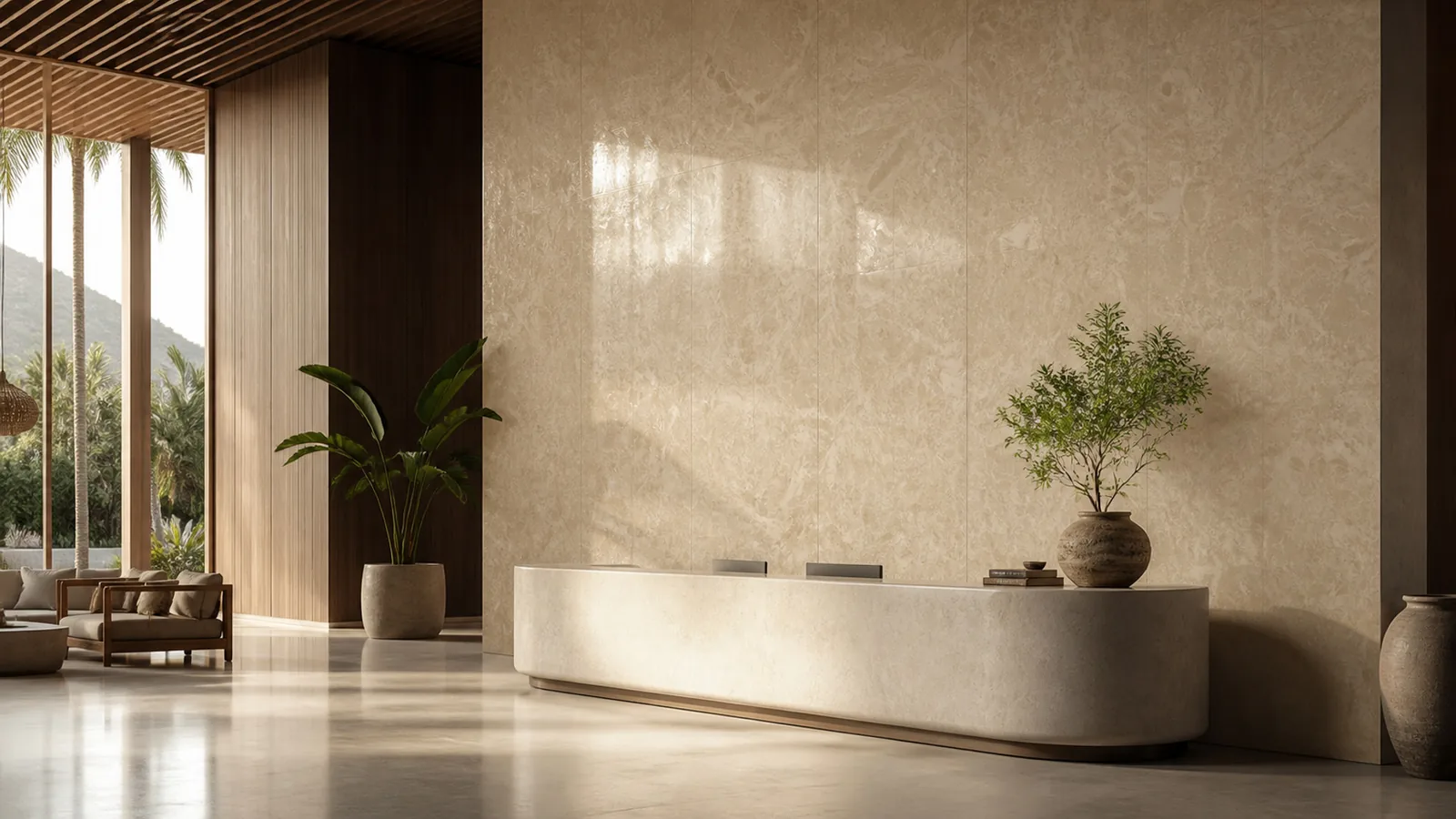 Beige Caramel Beige Layered Swirl Vein Recycled Marble Sintered Stone Slabs for Resort Lobby Walls thumbnail 5