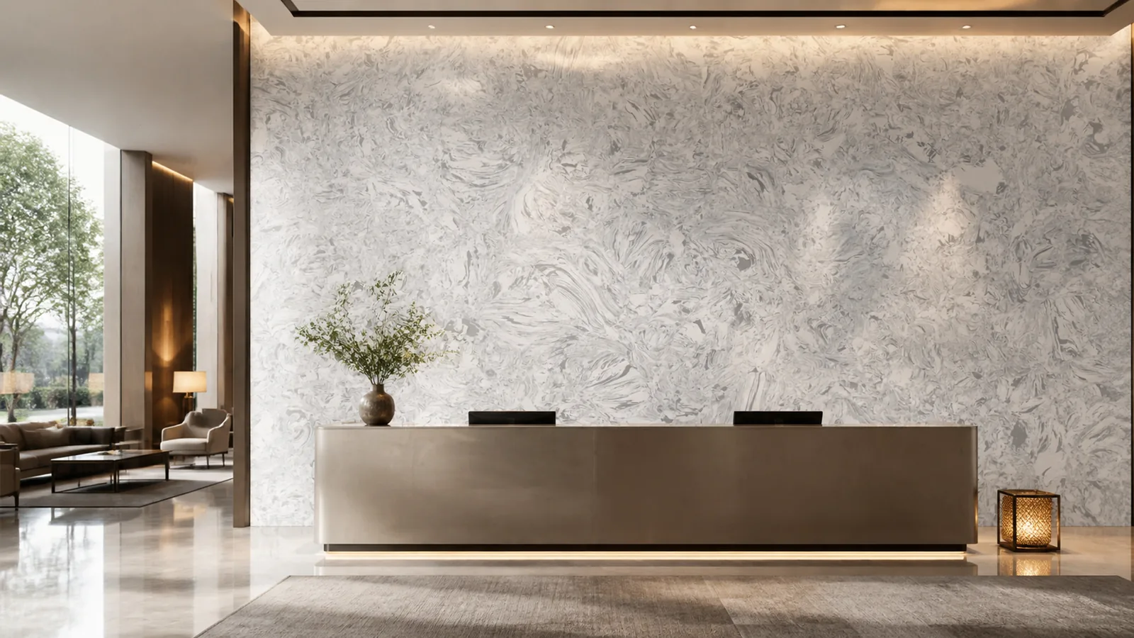 Silver White Dynamic Swirl Vein Recycled Marble Sintered Stone Slabs for Commercial Feature Walls thumbnail 3