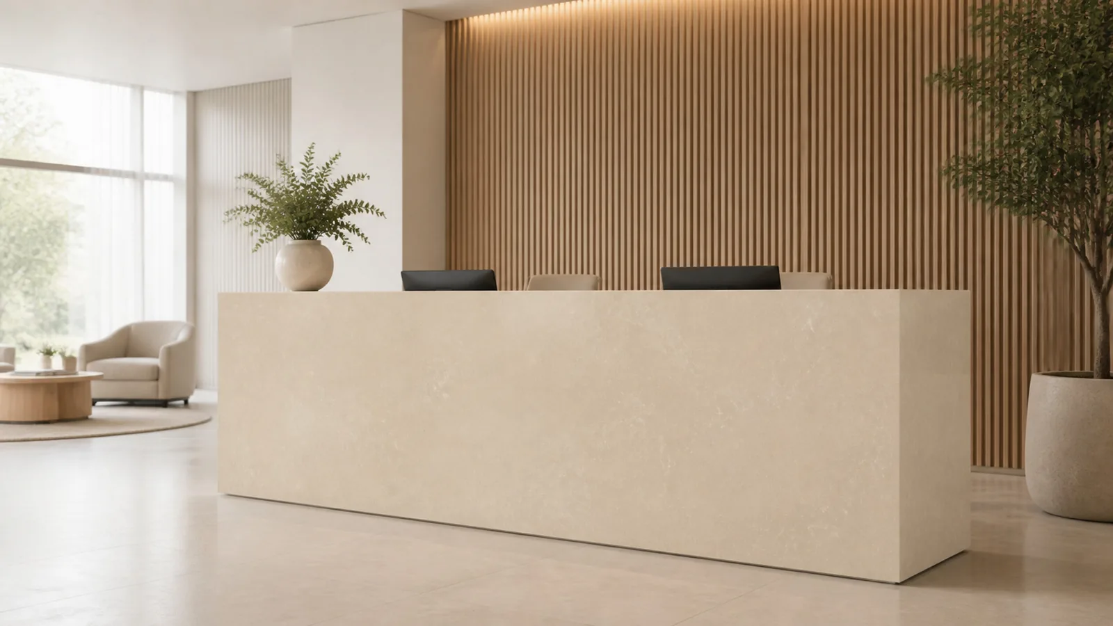 Beige Honey Beige Delicate Wispy Vein Recycled Marble Sintered Stone Slabs for Reception Counters thumbnail 3
