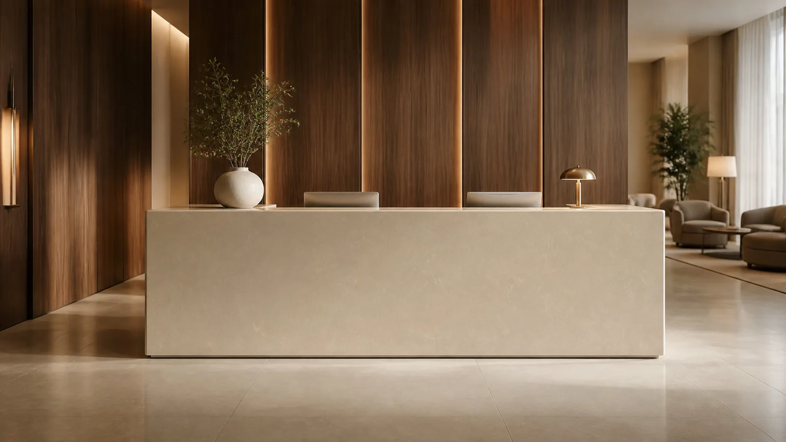 Beige Honey Beige Delicate Wispy Vein Recycled Marble Sintered Stone Slabs for Reception Counters thumbnail 4