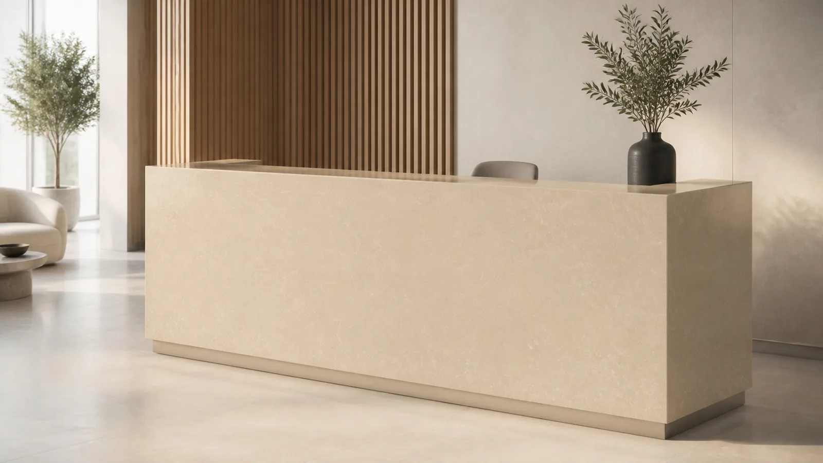 Beige Honey Beige Delicate Wispy Vein Recycled Marble Sintered Stone Slabs for Reception Counters thumbnail 5