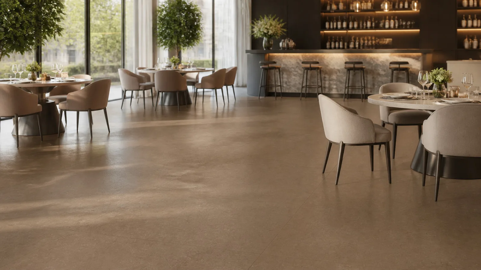 Brown Mocha Brown Subtle Fiber Vein Recycled Marble Sintered Stone Slabs for Restaurant Floors thumbnail 3