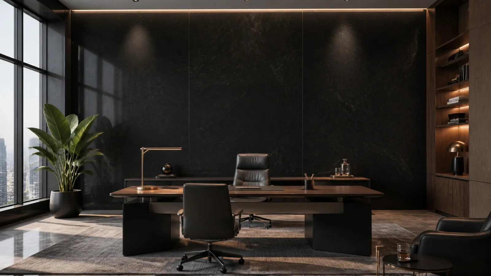 Black Midnight Black Soft Cloud Vein Recycled Marble Sintered Stone Slabs for Executive Office Walls thumbnail 4