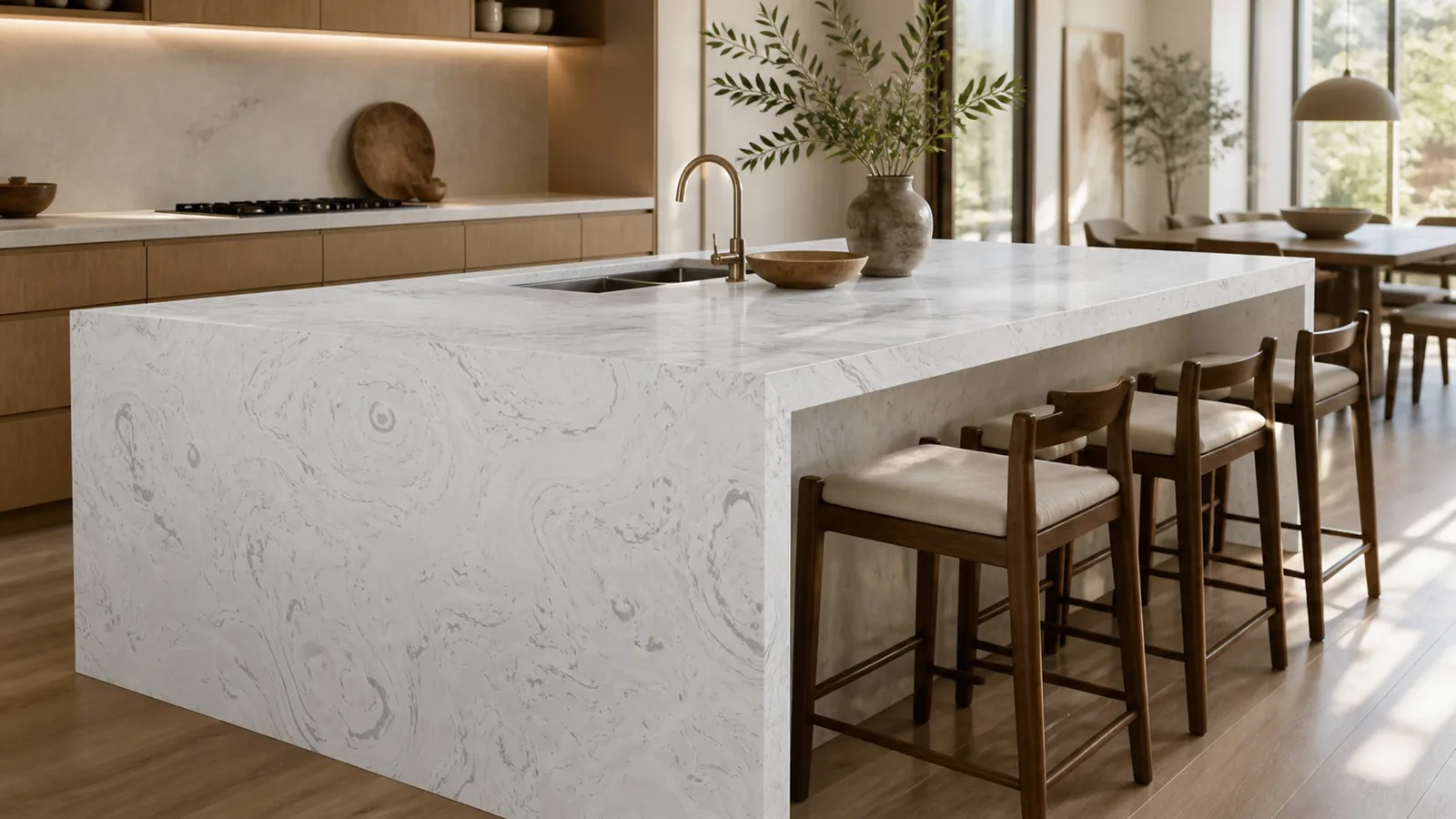 Whte Fish Belly White Flowing Gray Vein Recycled Marble Sintered Stone Slabs for   Kitchen Islands thumbnail 5