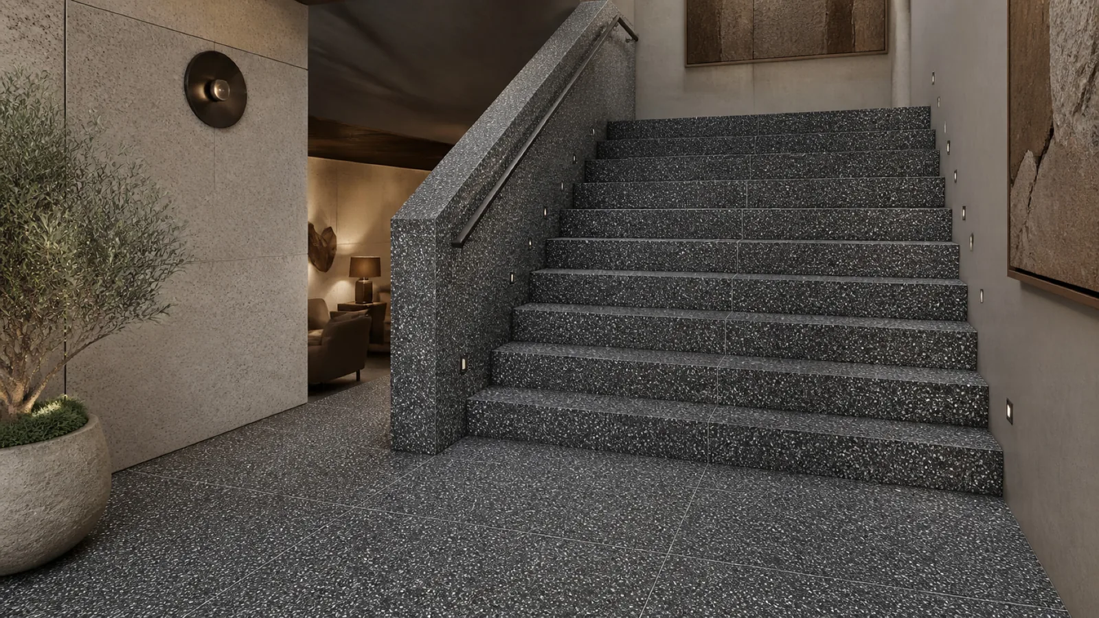 Black Deep Charcoal Dense White-Speckled Sintered Stone Slab for Floors and Stairs thumbnail 4