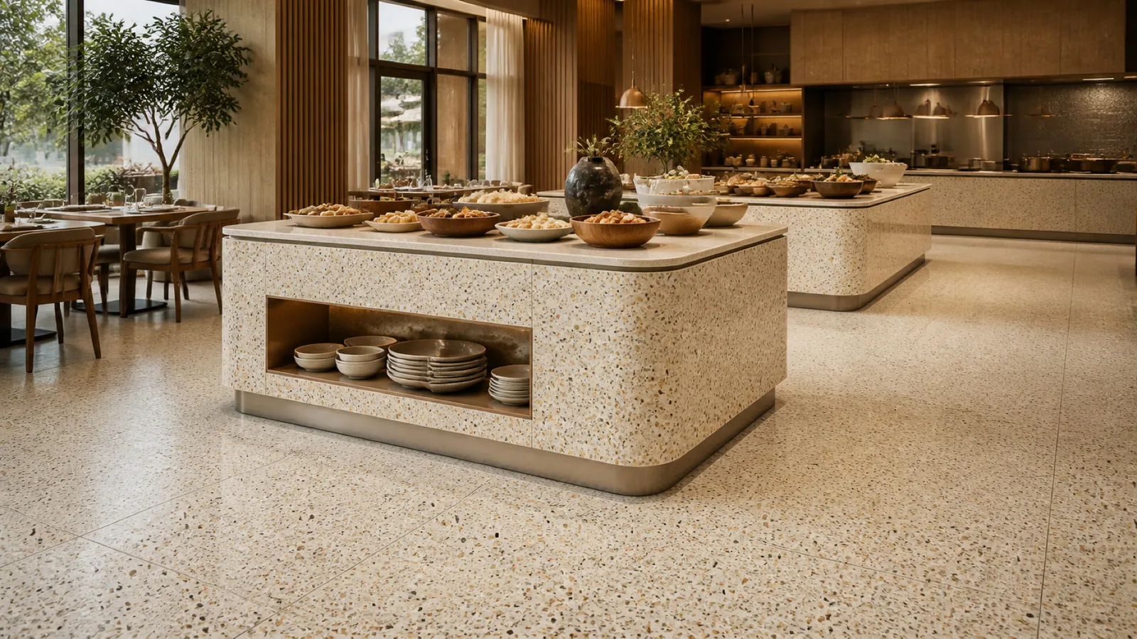 Beige Cream Fine Multicolor-Chip Sintered Stone Slab for Catering Spaces thumbnail 5