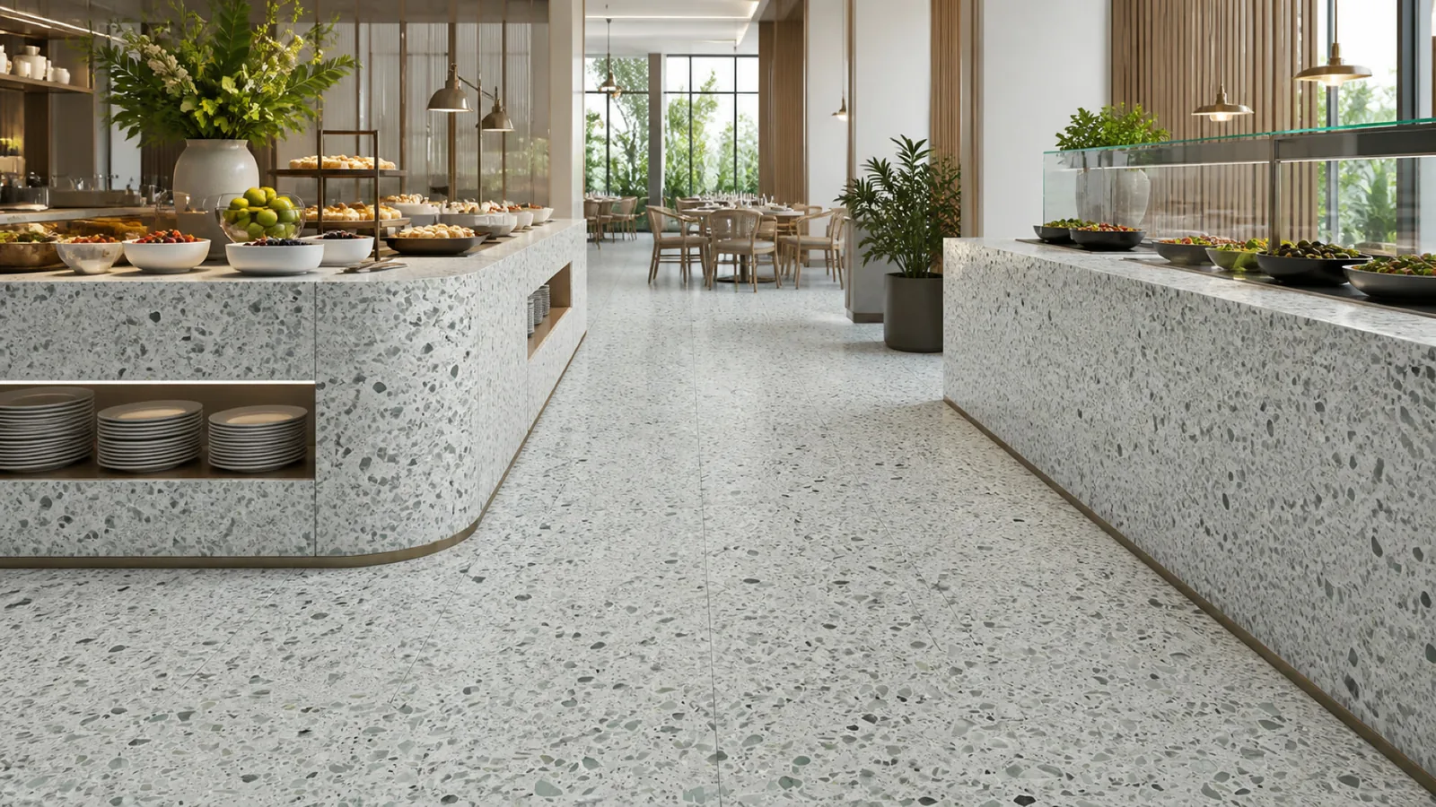Green Pale Sage Large Mixed-Chip Sintered Stone Slab for Catering Spaces thumbnail 5