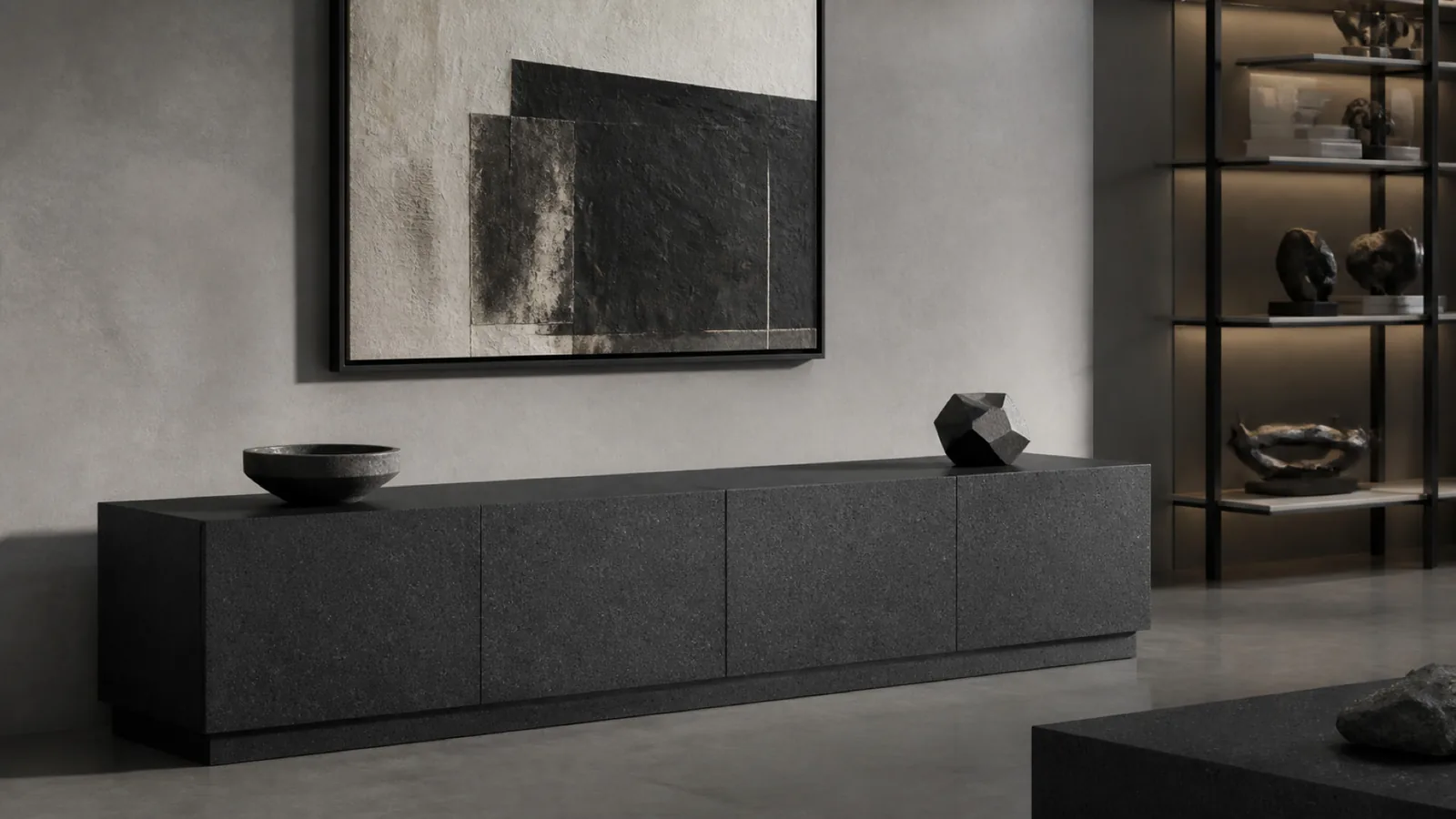Black Matte Black Fine Dark-Speckled Sintered Stone Slab for Shelves and Consoles thumbnail 5