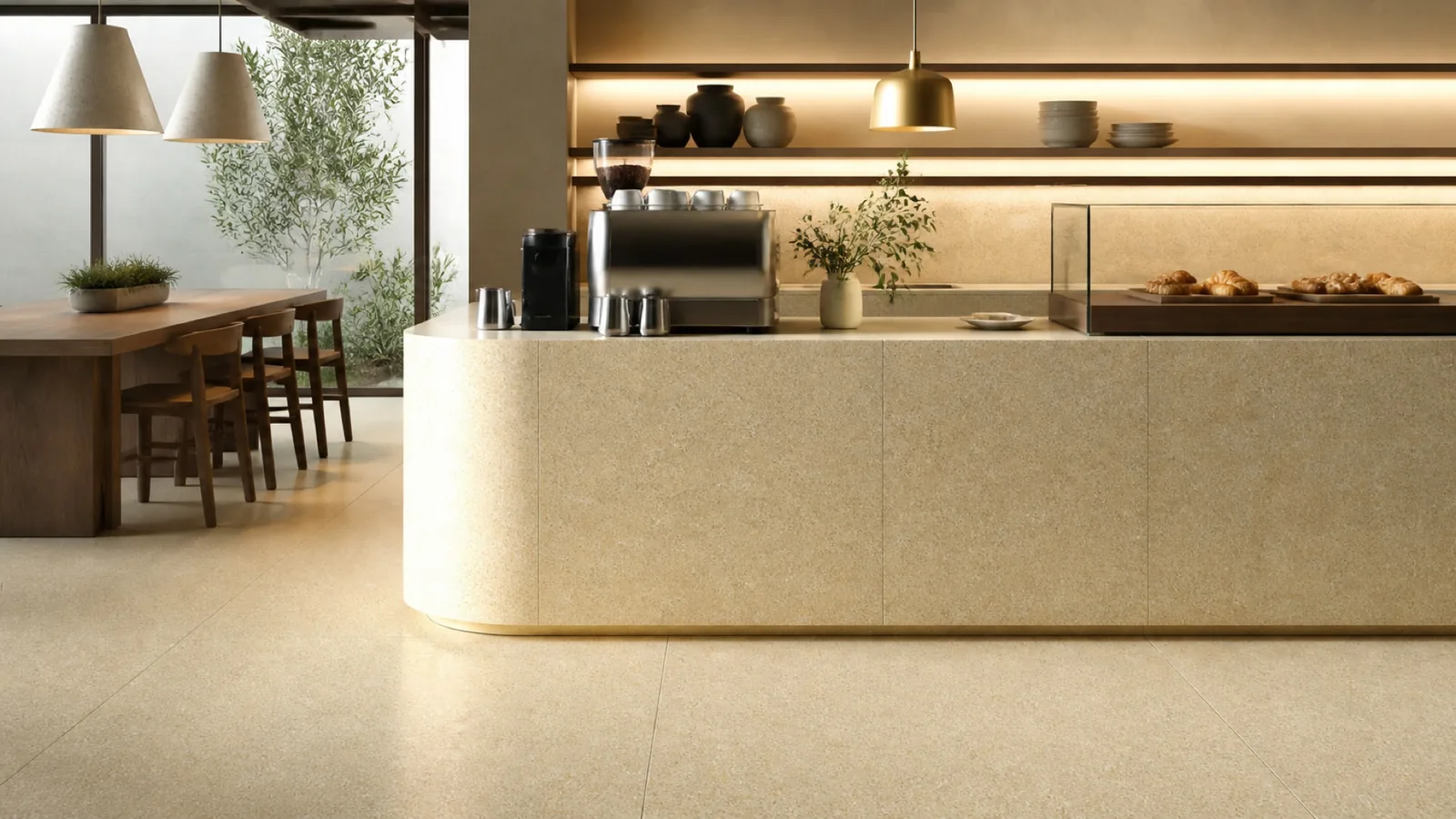Gold Golden Beige Dense Fine-Aggregate Sintered Stone Slab for Catering Spaces thumbnail 4