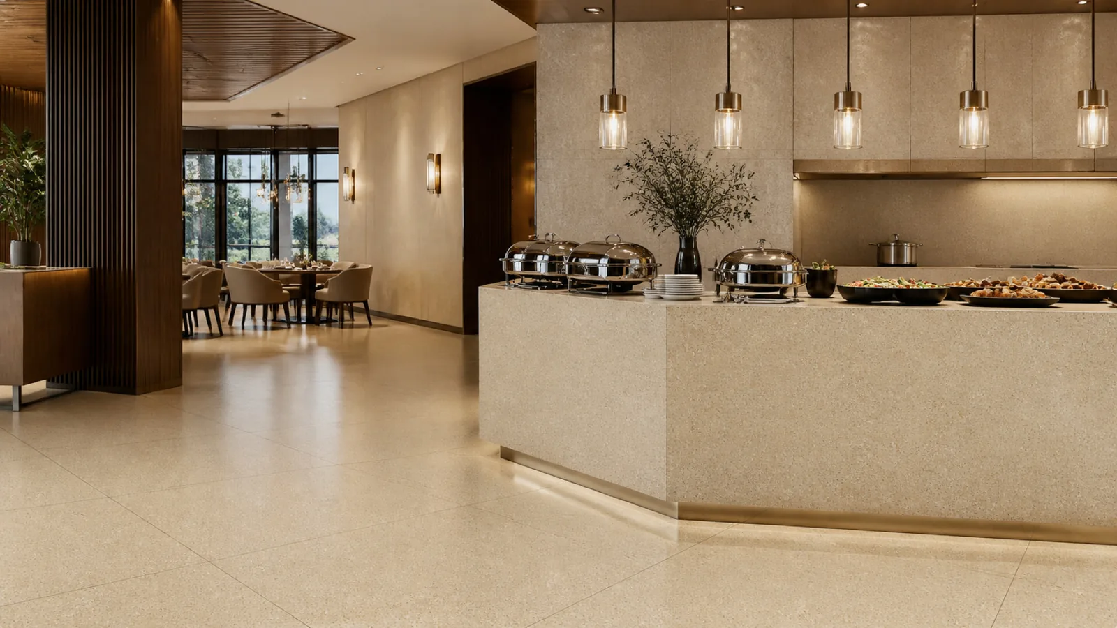 Gold Golden Beige Dense Fine-Aggregate Sintered Stone Slab for Catering Spaces thumbnail 5