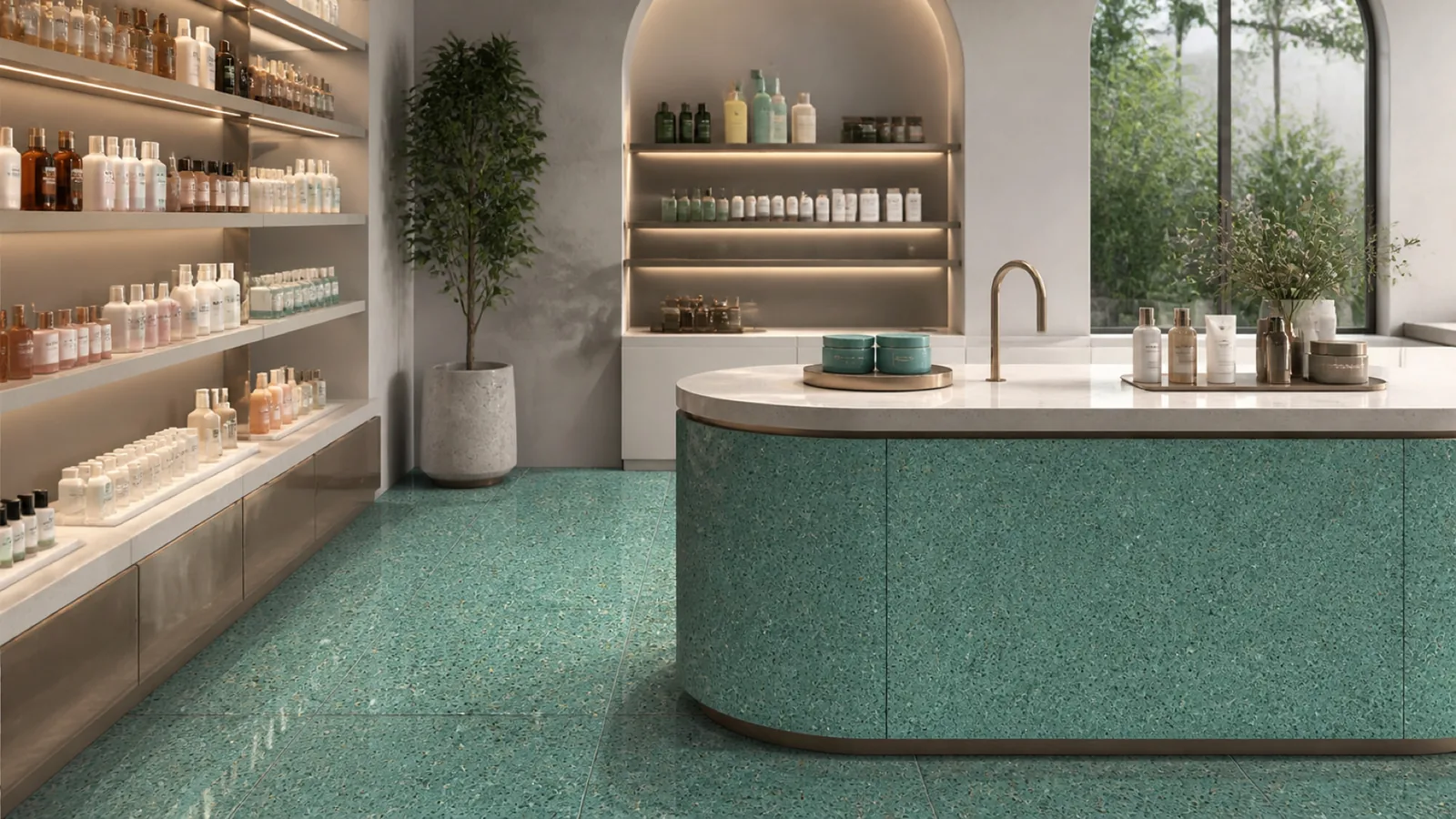 Green Turquoise Dense Black-Speckled Sintered Stone Slab for Online Celebrity Stores thumbnail 3