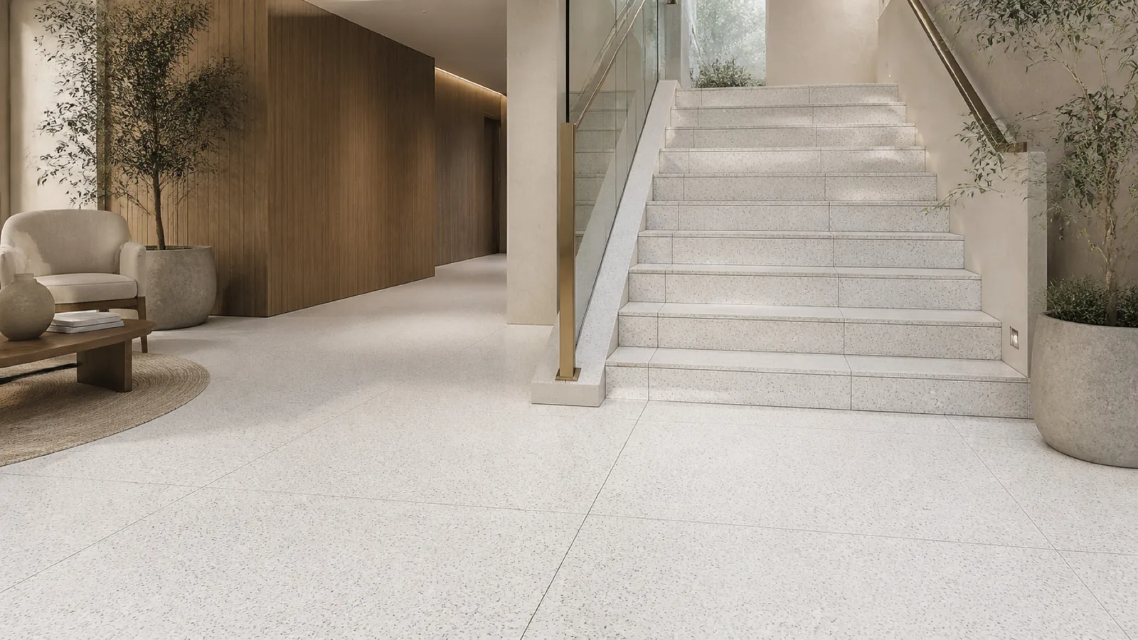 White Dense Gray-Speckled Sintered Stone Slab for Floors and Stairs thumbnail 4