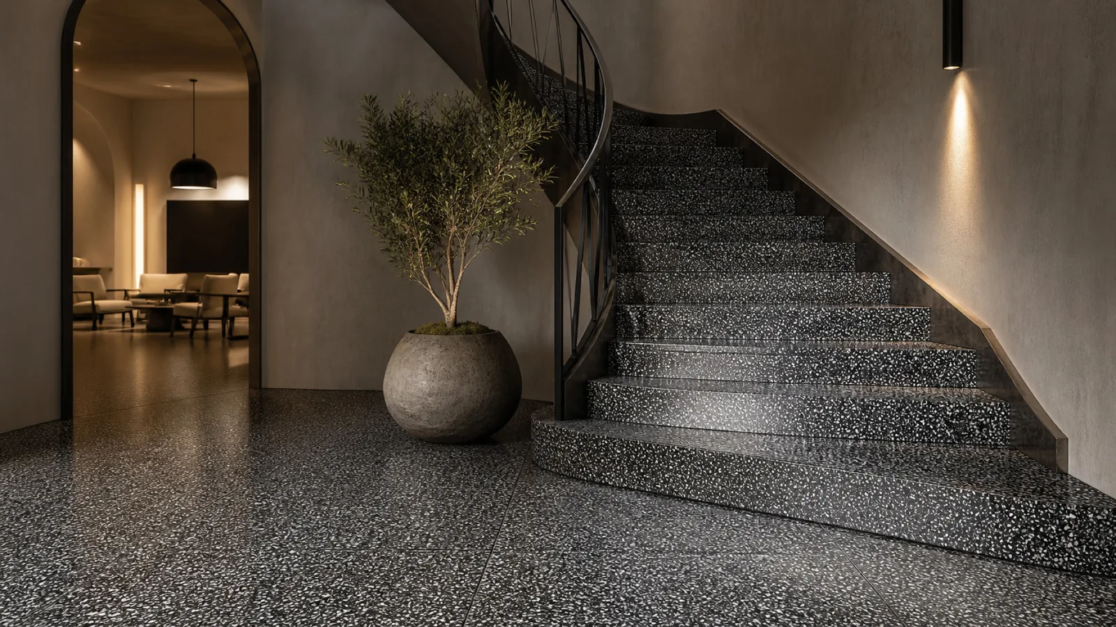 Black Dense White-Speckled Sintered Stone Slab for Floors and Stairs thumbnail 4