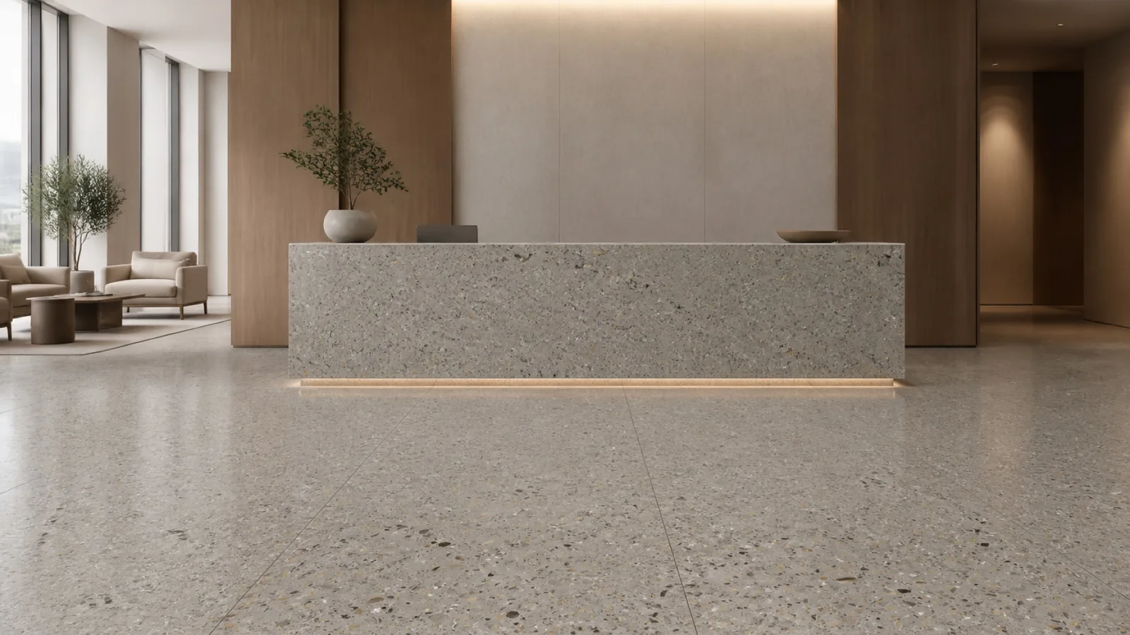 Grey Taupe Gray Medium Mixed-Chip Sintered Stone Slab for Business Spaces thumbnail 3
