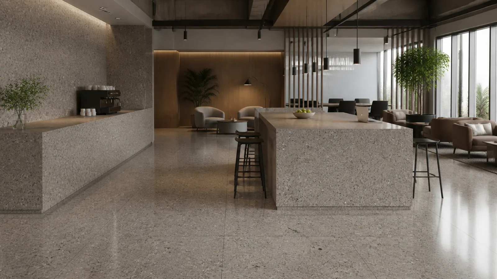 Grey Taupe Gray Medium Mixed-Chip Sintered Stone Slab for Business Spaces thumbnail 5
